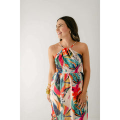 8.28 Boutique:Jade by Melody Tam,Jade Melody Tam Tropical Foliage Front Cross Halter Maxi,Dresses