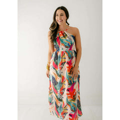 8.28 Boutique:Jade by Melody Tam,Jade Melody Tam Tropical Foliage Front Cross Halter Maxi,Dresses