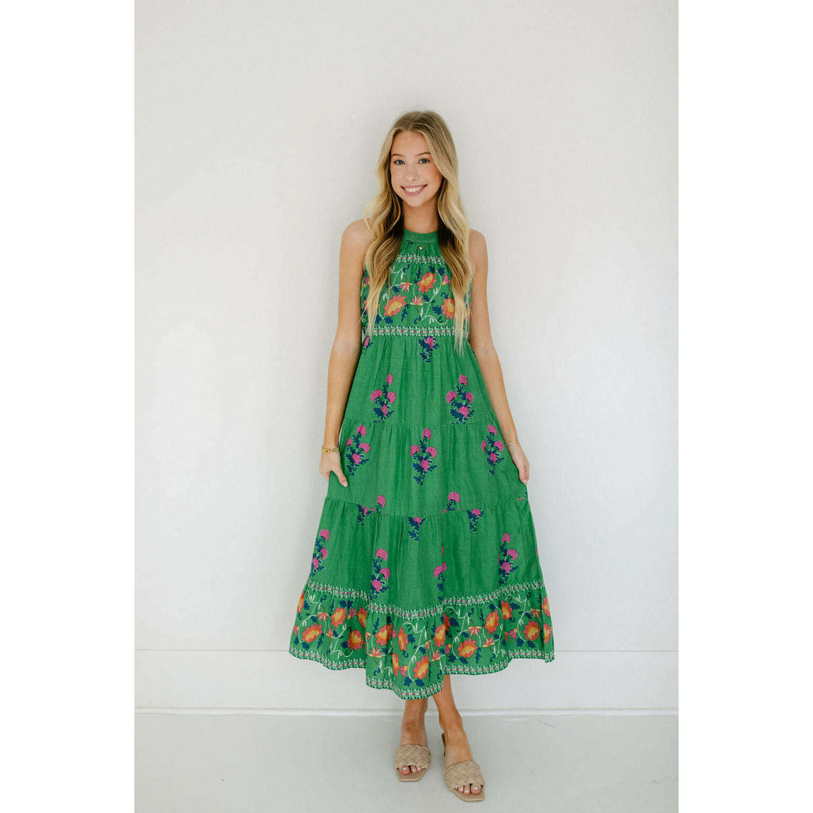 THML Green Halter Floral Maxi Dress
