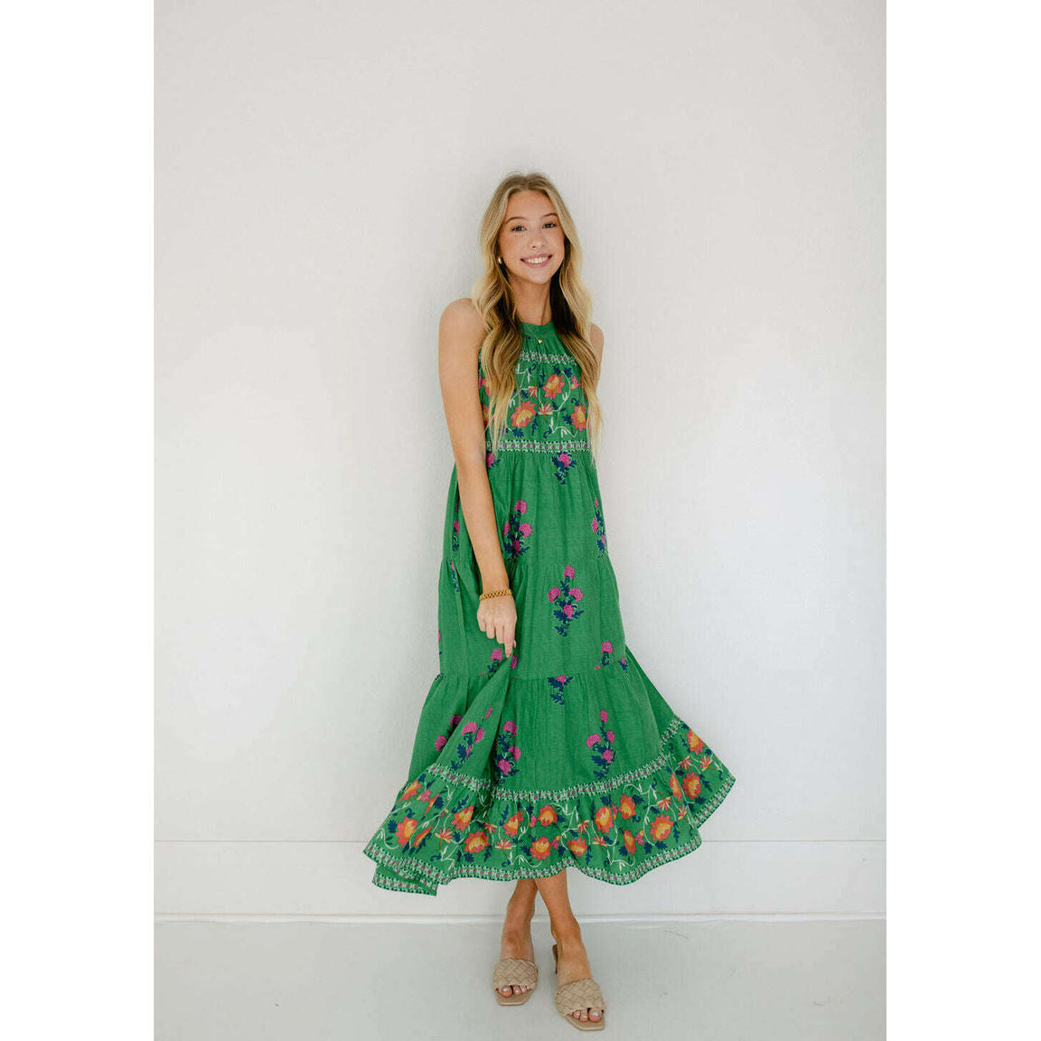THML Green Halter Floral Maxi Dress