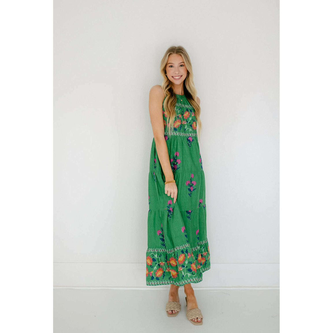 THML Green Halter Floral Maxi Dress