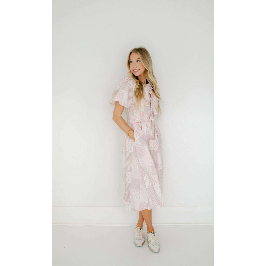 Aureum Floral Front Tie Smocked Midi Dress