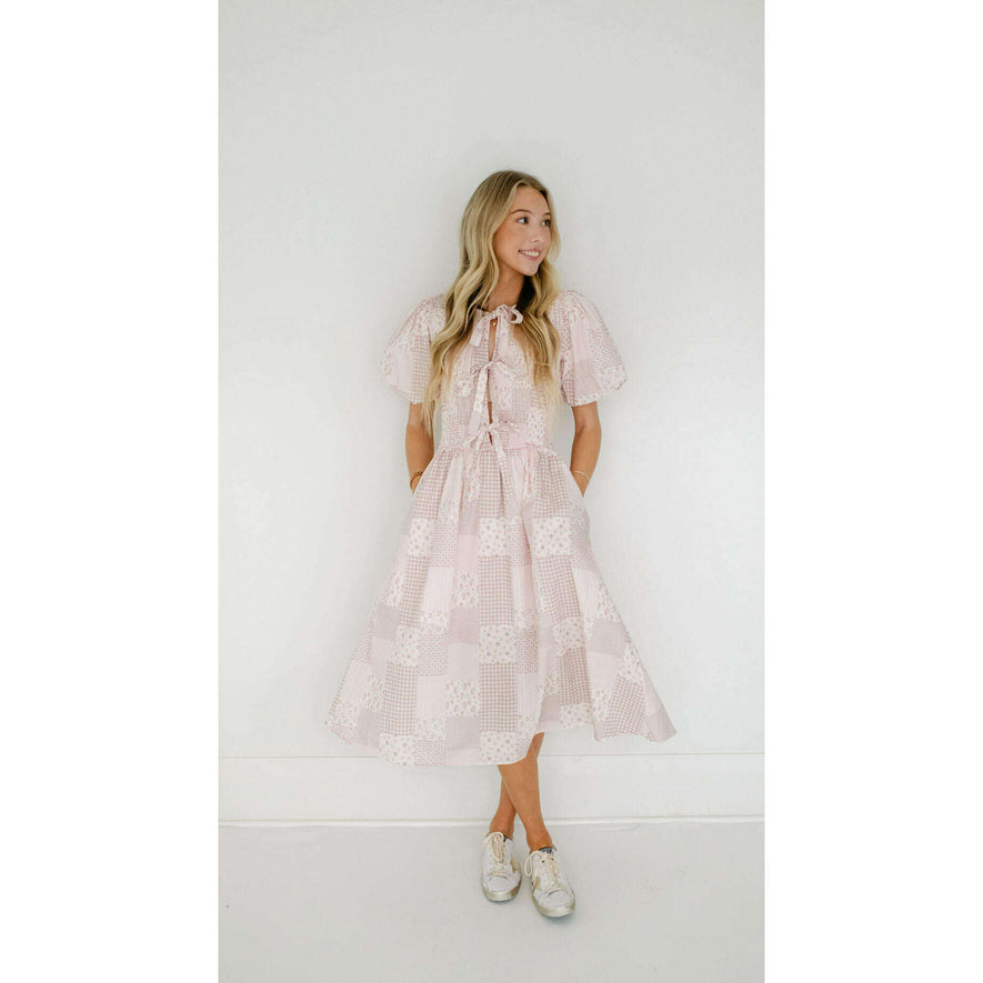 Aureum Floral Front Tie Smocked Midi Dress