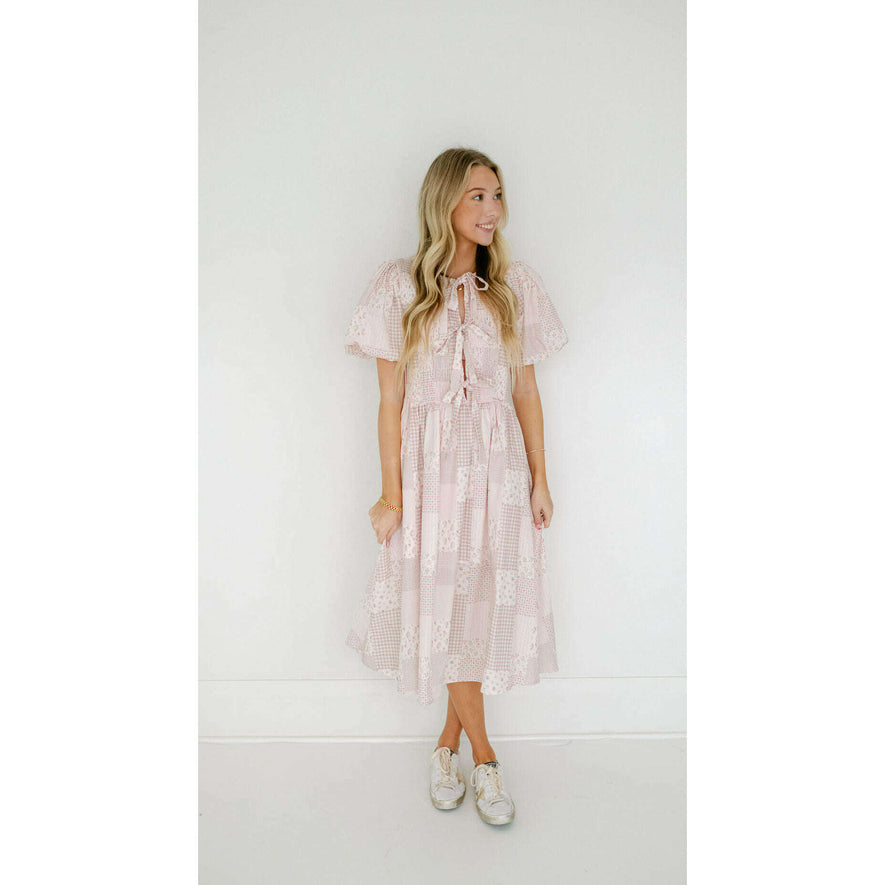 Aureum Floral Front Tie Smocked Midi Dress