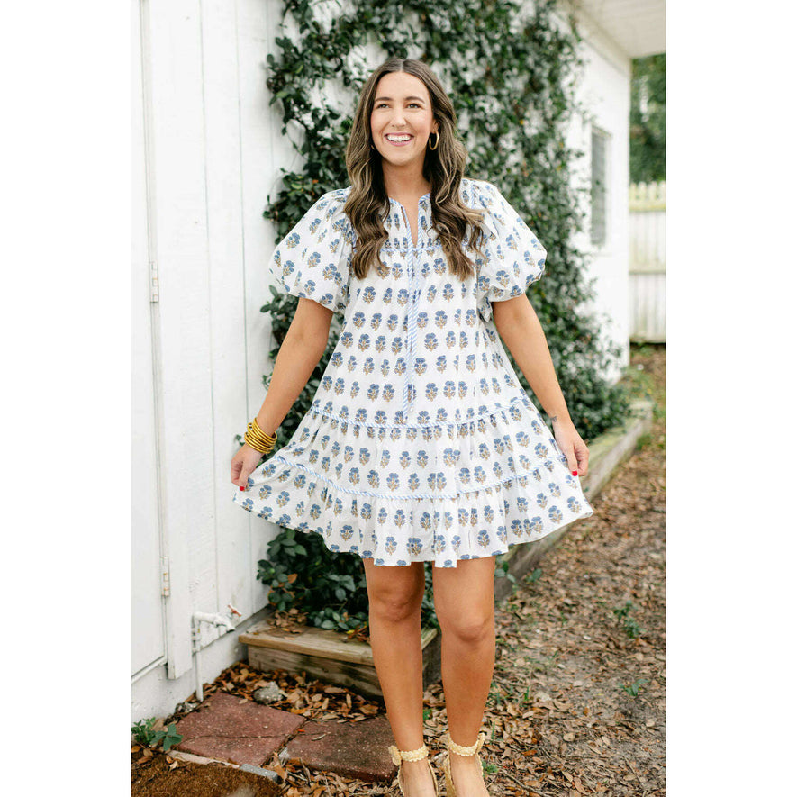 The Cassidy Floral Tiered Dress in Blue and White