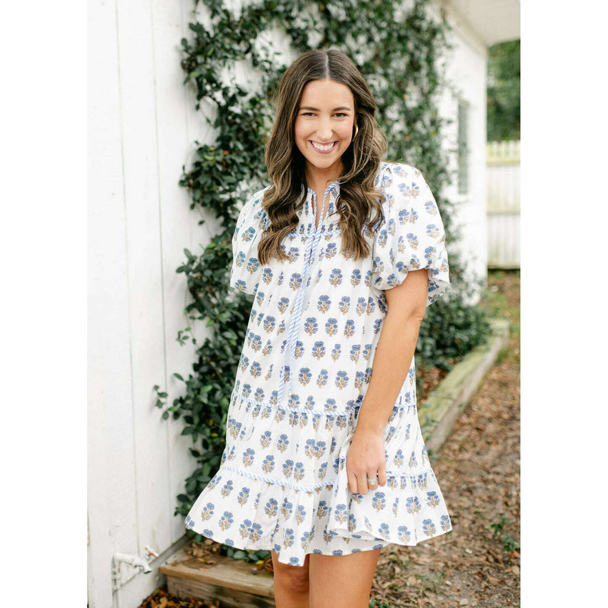 The Cassidy Floral Tiered Dress in Blue and White