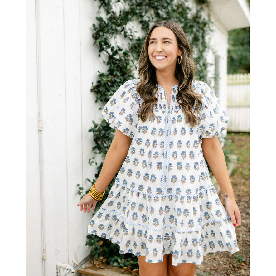 The Cassidy Floral Tiered Dress in Blue and White