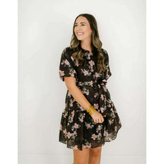 8.28 Boutique:Joy*Joy,Joy*Joy Midnight Floral Ruched Shoulder Dress,Dress