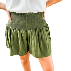 8.28 Boutique:Joy*Joy,Joy*Joy Olivia Smocked Waist Shorts in Olive,Clothing