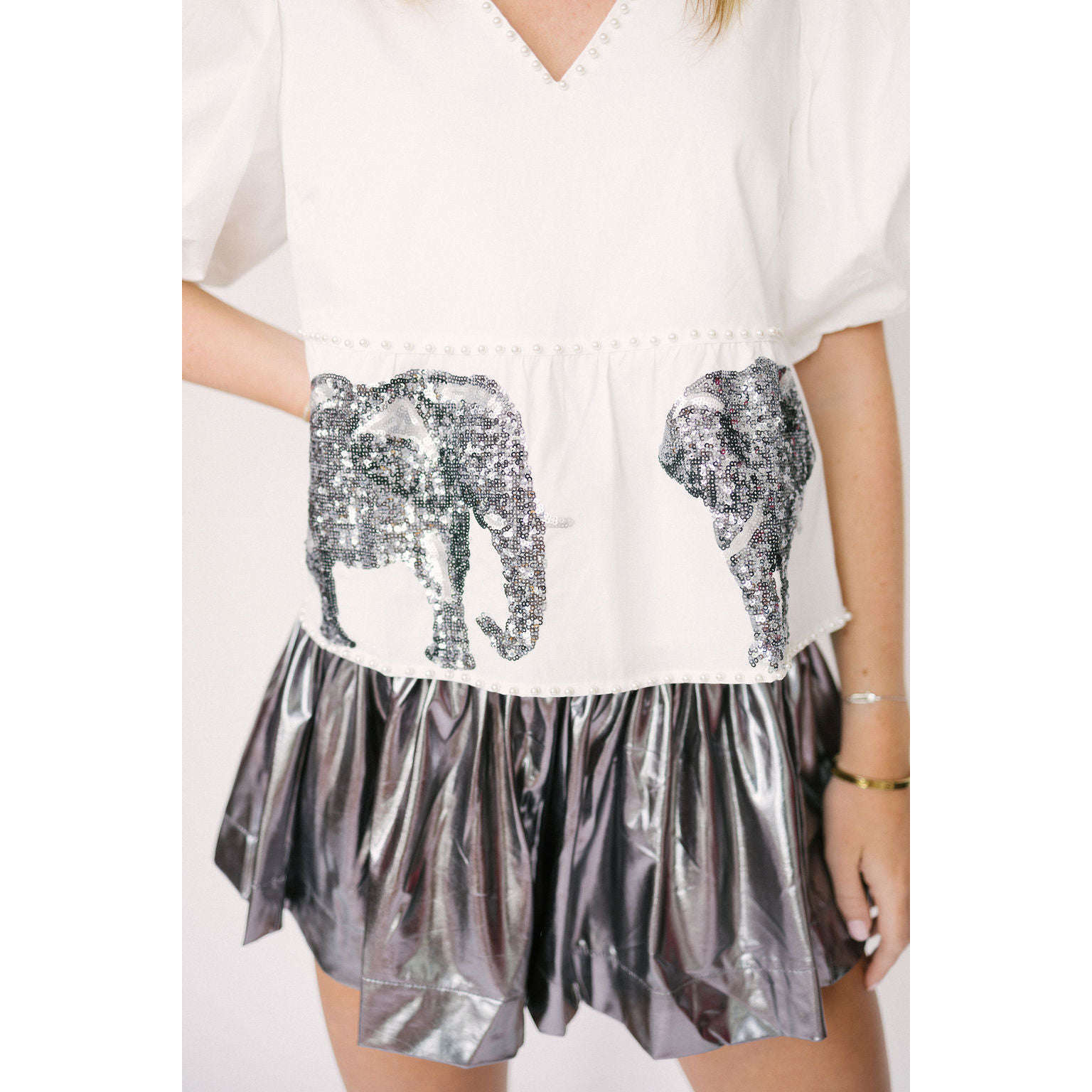 8.28 Boutique:Queen of Sparkles,Queen of Sparkles Peplum Poof Sleeve Top with Elephants,Shirts & Tops