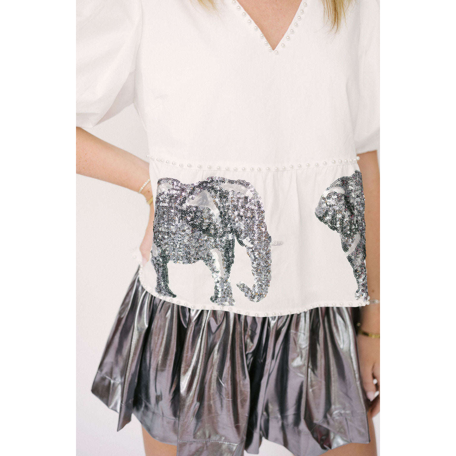 8.28 Boutique:Queen of Sparkles,Queen of Sparkles Peplum Poof Sleeve Top with Elephants,Shirts & Tops