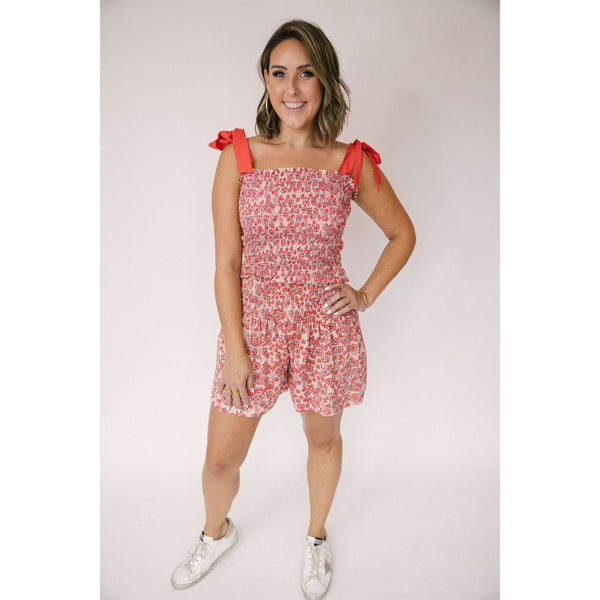 8.28 Boutique:Joy*Joy,Joy*Joy Red Flowers Smocked Tie Top,Shirts & Tops