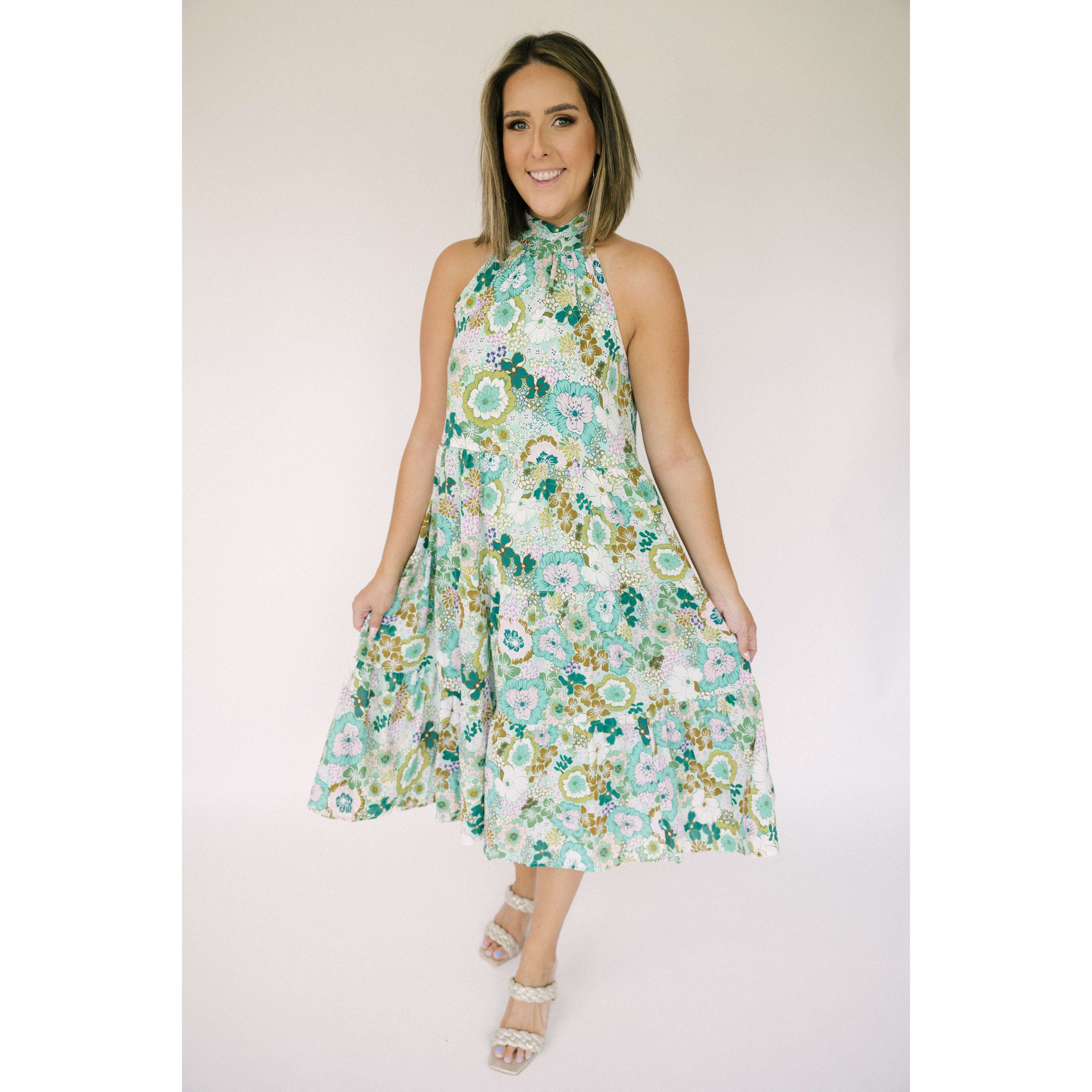 Jade Melody Tam Floral Tiered Halter Dress, XS / Green Jade Melody Tam Floral Tiered Halter Dress, XS / Green