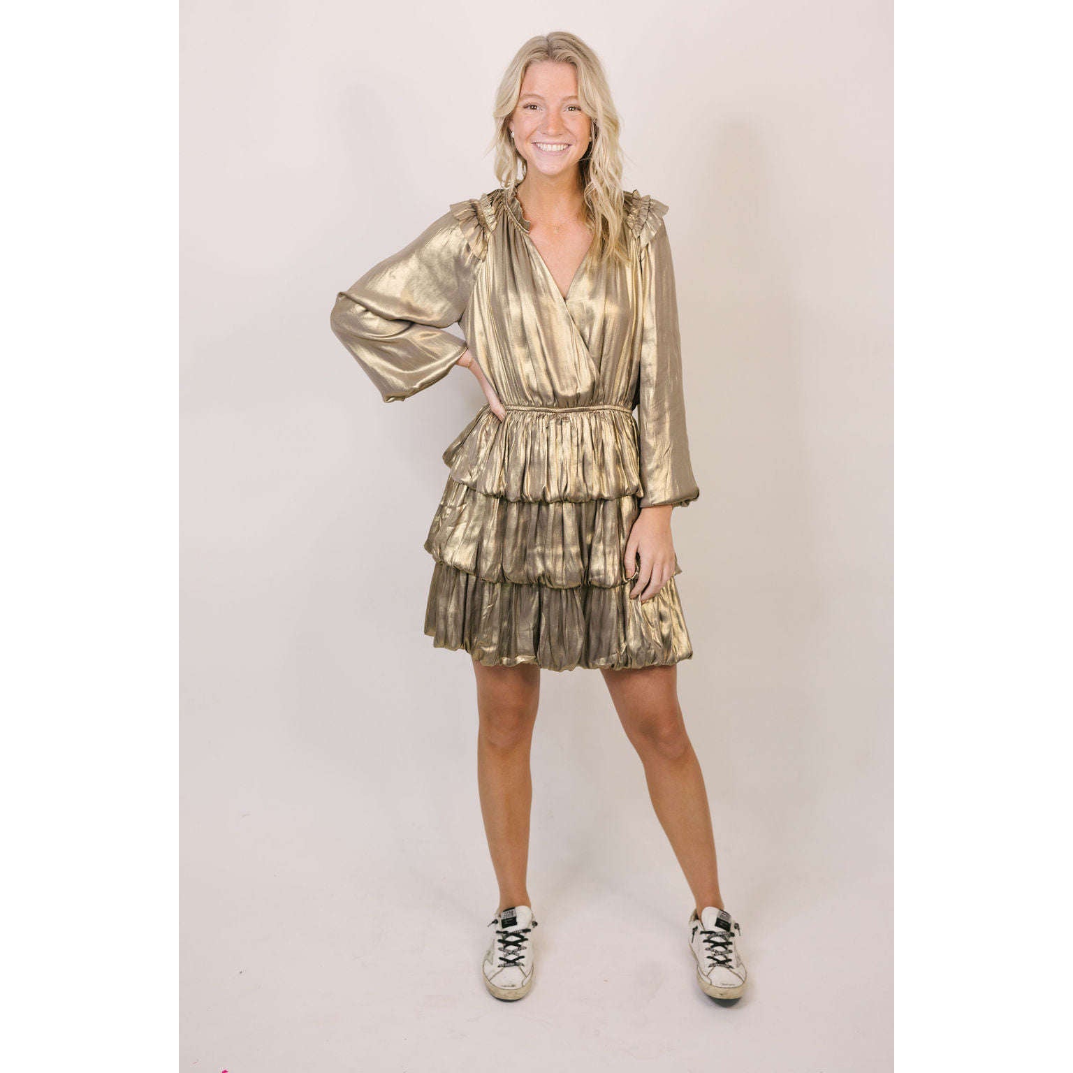 8.28 Boutique:Current Air,Current Air Metallic Gold Foil Ruffle Mini Dress,Dress