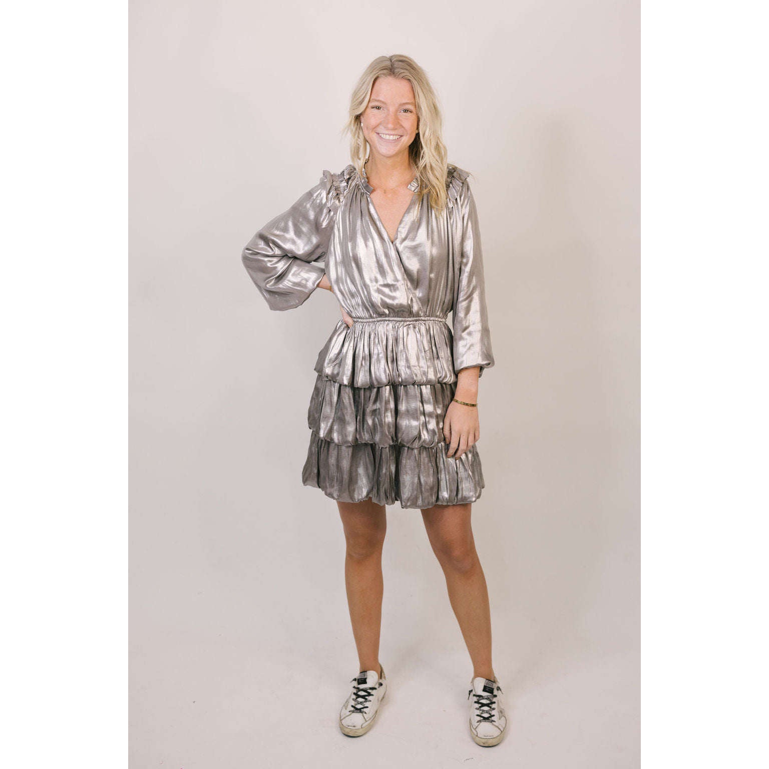 Current Air Metallic Silver Foil Ruffle Mini Dress, XS / Silver Current Air Metallic Silver Foil Ruffle Mini Dress, XS / Silver