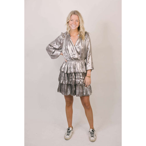 8.28 Boutique:Current Air,Current Air Metallic Silver Foil Ruffle Mini Dress,Dress