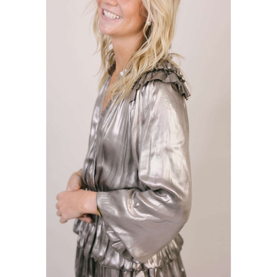 current air mini dress Current Air Metallic Silver Foil Ruffle Mini Dress – 8.28 Boutique