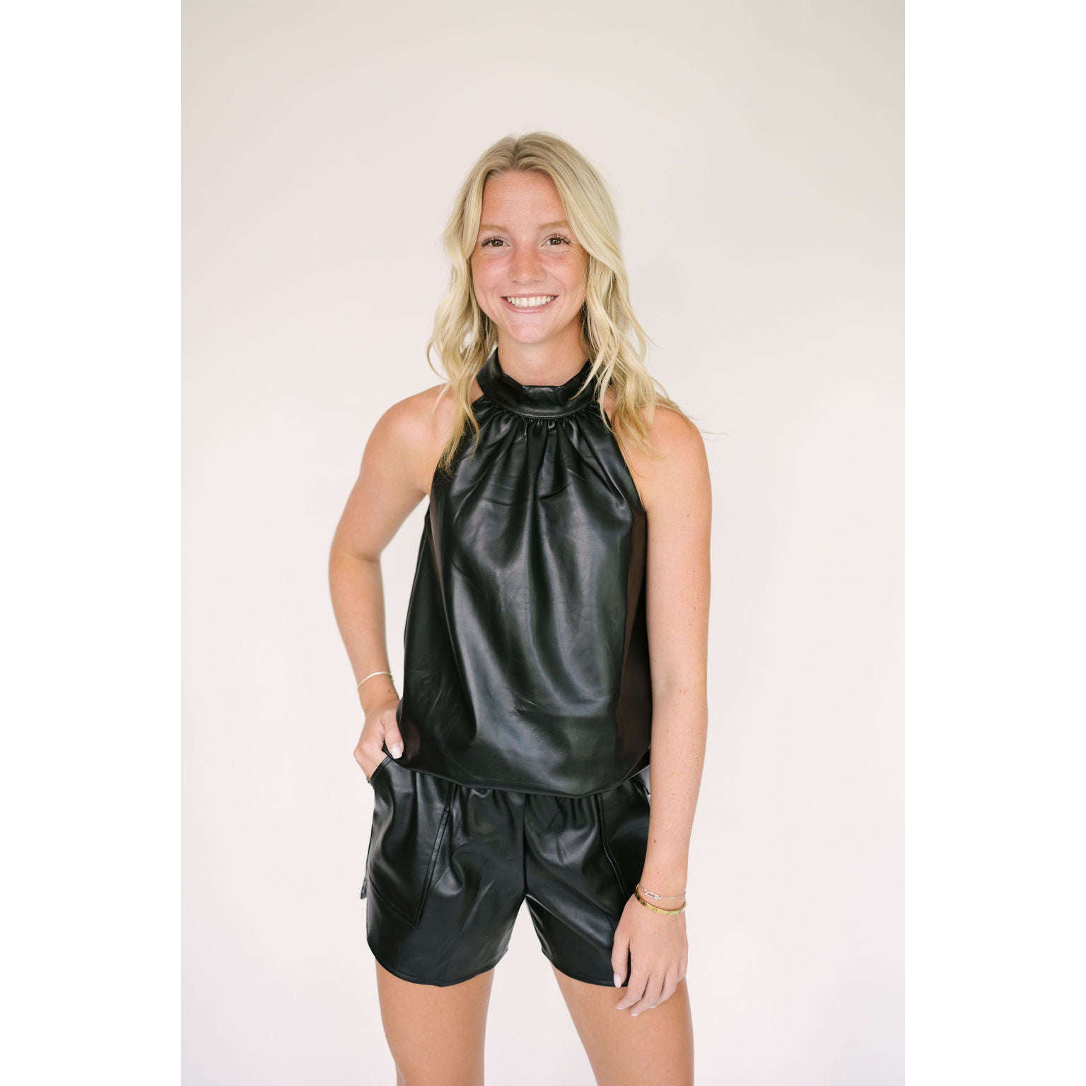 8.28 Boutique:Jade Melody Tam,Jade Melody Tam Faux Leather Halter Top,Shirts & Tops