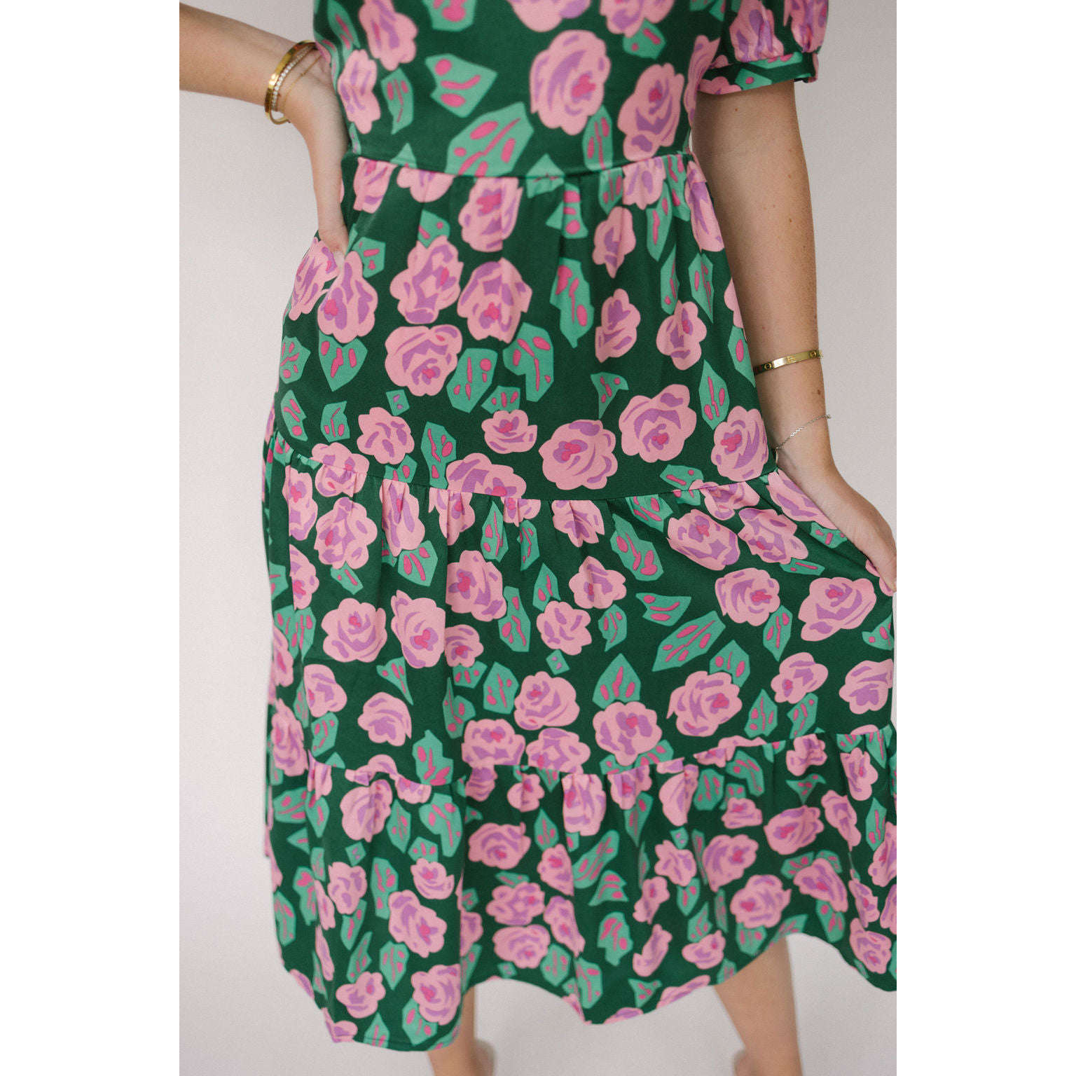 8.28 Boutique:Jade Melody Tam,Jade Melody Tam Pink Rose Tiered Midi Dress,Dresses