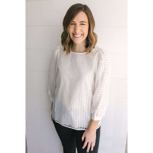 8.28 Boutique:Jade Melody Tam,Jade by Melody Tam White Check Puff Sleeve Blouse,Tops