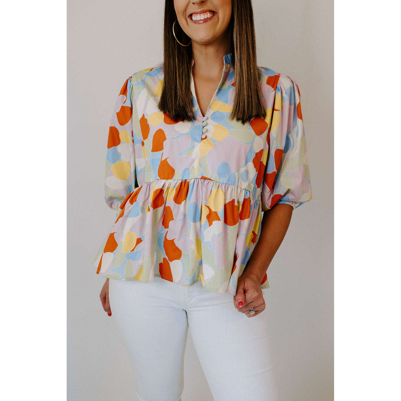 8.28 Boutique:Karlie Clothes,Karlie Mosaic Poplin Puff Sleeve Top,Shirts & Tops